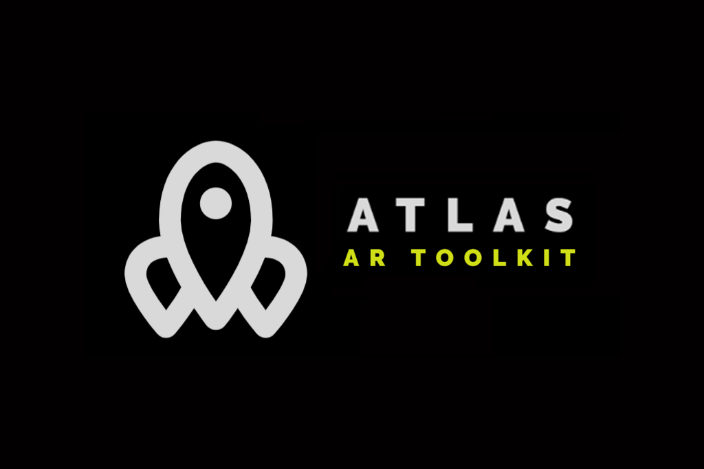 Logo for ATLAS AR Toolkit. The logo features a minimalist, stylized rocket or map pin icon in white on a black background, accompanied by the text “ATLAS” in bold gray uppercase letters and “AR TOOLKIT” in smaller, bright yellow uppercase letters below.