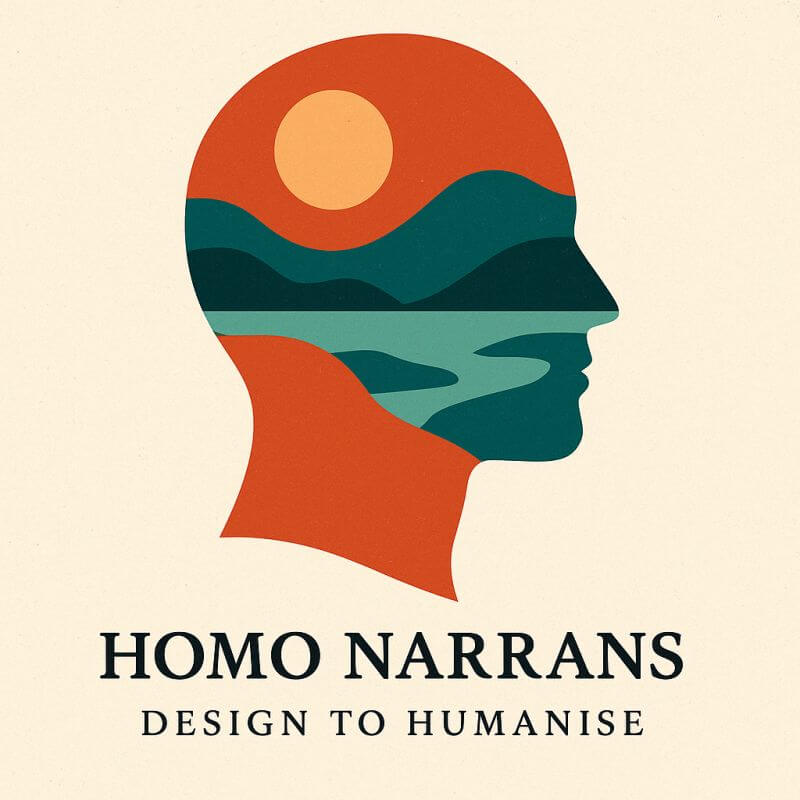 A minimalist illustration features a human head silhouette filled with a stylized landscape of a sun over mountains and a river, using earthy tones of orange, green, and teal. Below the image, the text reads: “HOMO NARRANS – DESIGN TO HUMANISE.” The design conveys a message about storytelling as a core human trait and the role of design in fostering empathy, connection, and humanity.