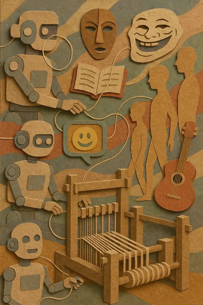 A richly textured collage-style illustration made from cut paper depicts robots, humans, and cultural artifacts interconnected by threads. On the left, three humanoid robots hold and manipulate strands that weave into a central loom, symbolizing creation and storytelling. The threads extend to icons of theater masks, an open book, a smiley face in a chat bubble, human silhouettes of various ages, and a guitar—representing literature, emotion, communication, identity, and music. The artwork evokes themes of co-creation between machines and humans in shaping culture, memory, and expression through both ancient and modern technologies.