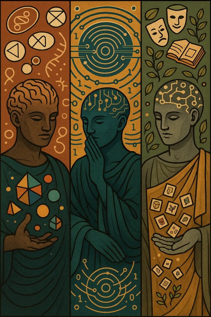 A stylized triptych illustration depicts three contemplative figures in robes, each symbolizing different domains of knowledge. The left figure is surrounded by geometric shapes and abstract symbols, evoking mathematics and logic. The center figure, shaded in blue, contemplates with a hand over the mouth, framed by circuit-like patterns and binary code, representing computation and artificial intelligence. The right figure is adorned with foliage and icons of drama masks and books, symbolizing literature, the arts, and nature. Each figure has circuit-like patterns on their heads, blending ancient wisdom with modern digital consciousness.