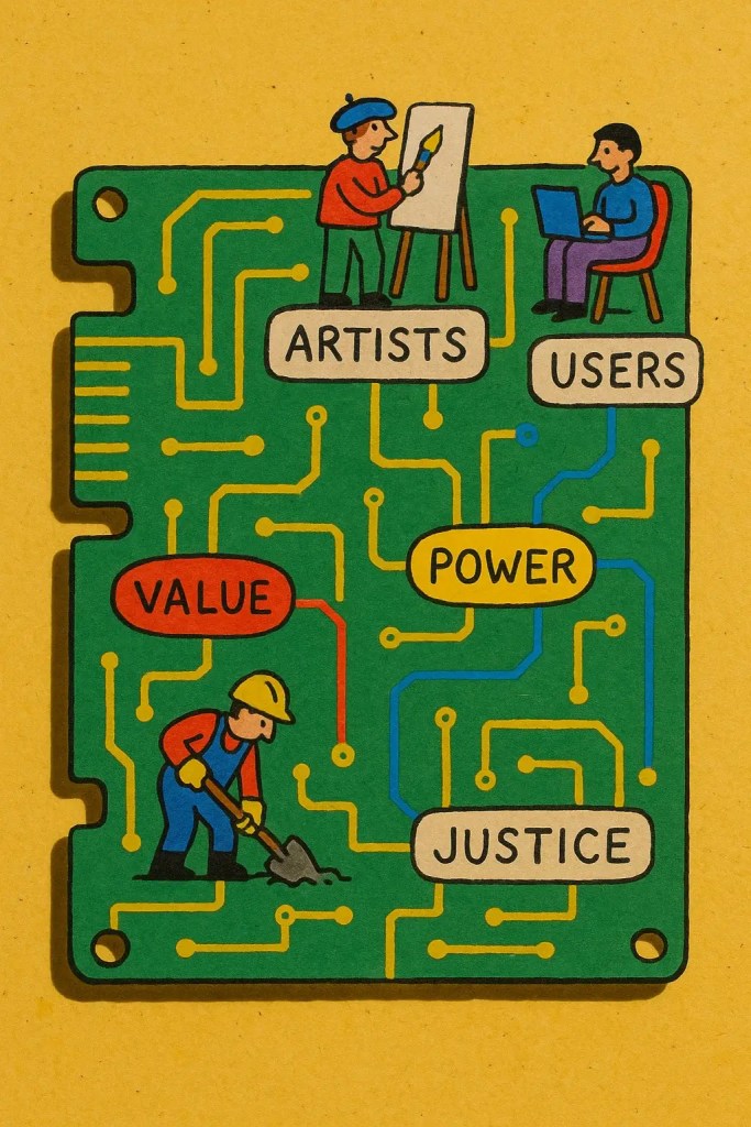 A colorful illustration depicts a green computer circuit board populated with cartoon-style characters and labeled nodes. At the top, an artist paints on a canvas labeled "ARTISTS" while a person types on a laptop labeled "USERS." A worker with a shovel appears at the bottom near a node labeled "JUSTICE." Other labeled nodes include "VALUE" in red, "POWER" in yellow, and "JUSTICE" in white. The circuit pathways connecting the labels suggest relationships and flows between art, labor, digital infrastructure, and societal outcomes. The image critiques the design of technological systems, highlighting the need to center value, justice, and power for all participants.