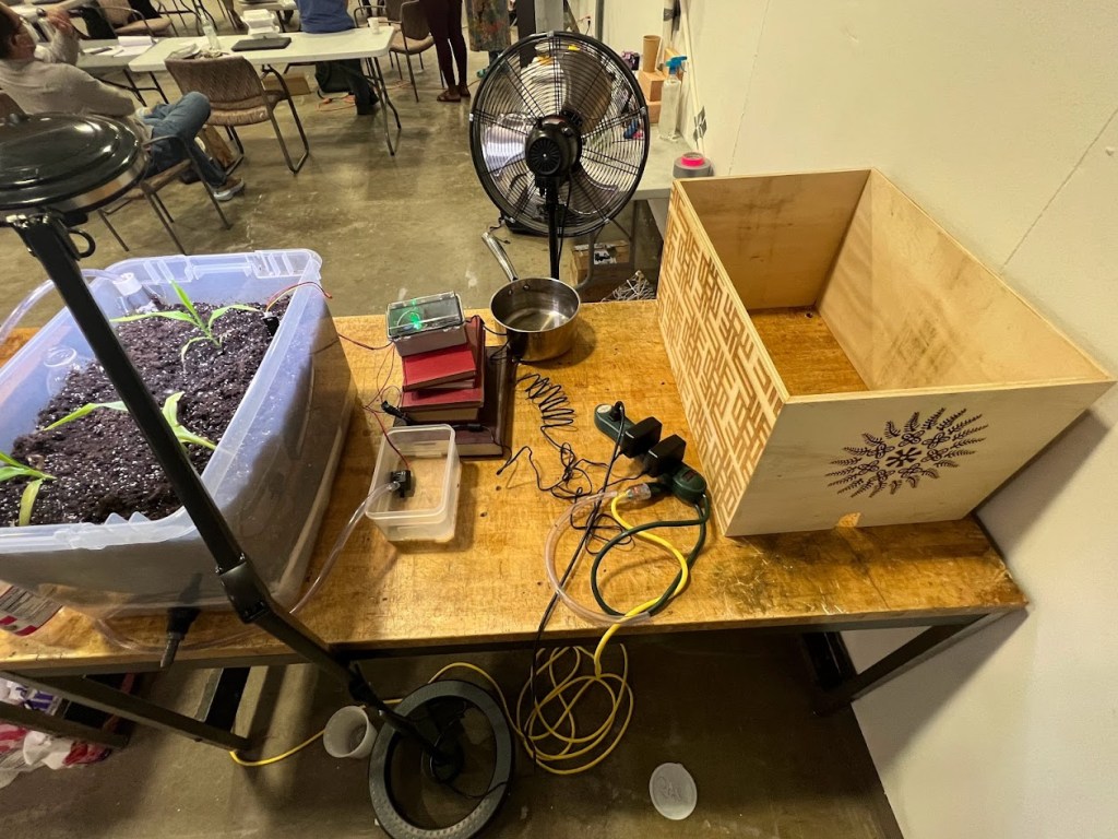 A wooden workbench setup featuring a grow light, a plastic bin filled with soil and seedlings, an empty wooden planter box with a floral stencil design, a power strip with cables, a fan, and small electronics. The workspace appears to be part of a larger community or classroom environment, with people and tables visible in the background.